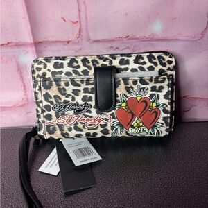 Ed Hardy Leopard Print Wristlet Wallet with Red Heart Graphic